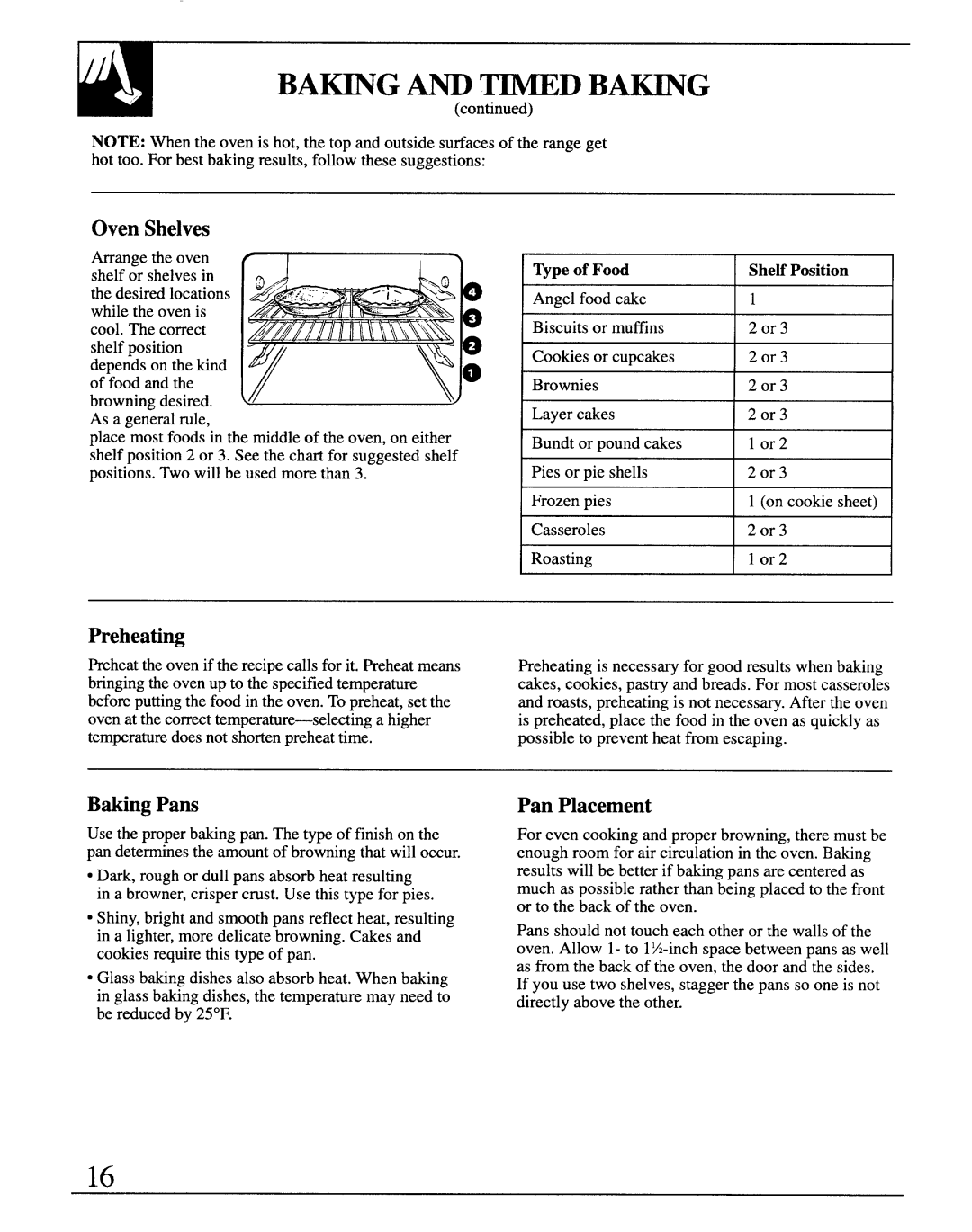 GE JCS57 manual BA~G W T-D BAmG, Oven Shelves, Fieheating, Baking Pans, Pan Placement 