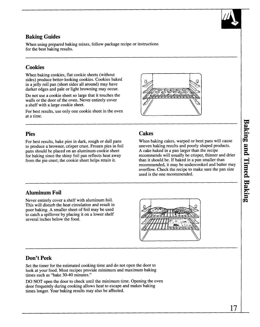 GE JCS57 manual Baking Gtides, Cookies, Pies, Cakes, Alminm Foil, Don’t Peek 