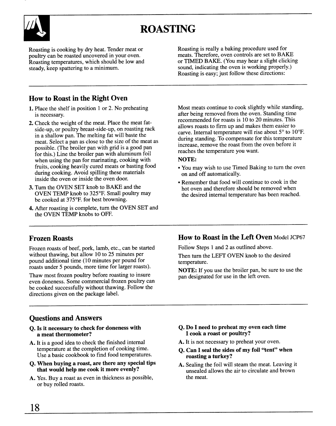 GE JCS57 manual Roast~G, How to Roast in the Right Oven, Frozen Roasts, How to Roast in the Left Oven Model JCP67 