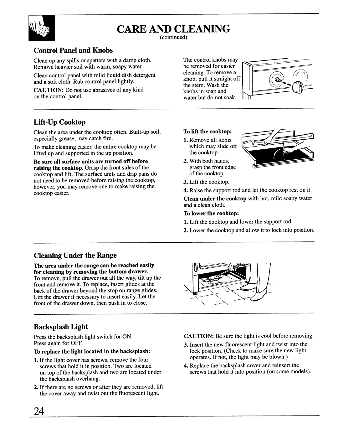 GE JCS57 manual CA~ ~ Clemg, ControlPanel and mobs, Lift-Up Cooktop, Cleatig Under the Range, BacksplashLight 