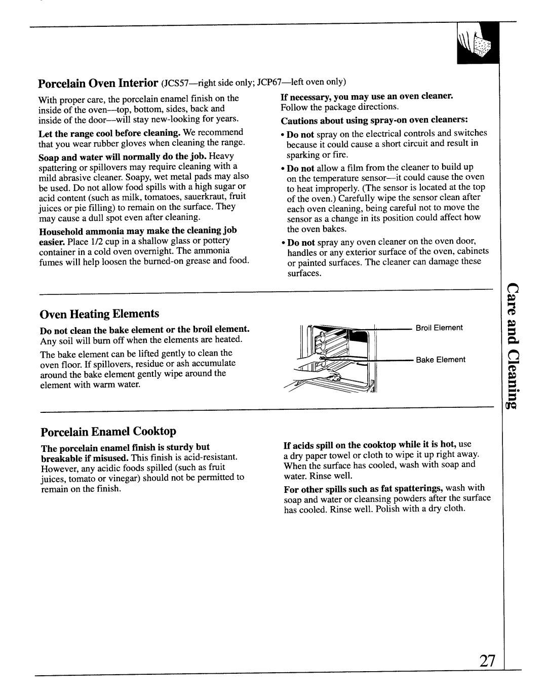 GE JCS57 manual Oven Heating Elementi, PorcelainEnamel Cooktop 