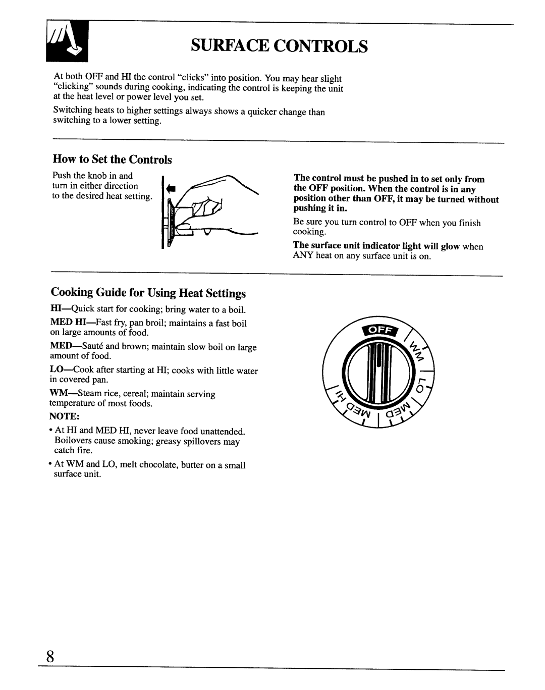 GE JCS57 manual SU~ACE Controls, How to Set the Controls, Cooting Guide for Using Heat Settings 