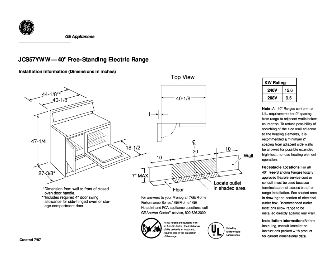 GE dimensions JCS57YWW-40 Free-StandingElectric Range, Top View, GE Appliances, 44-1/8 40-1/8 47-1/4 27-3/8, 18-1/2 