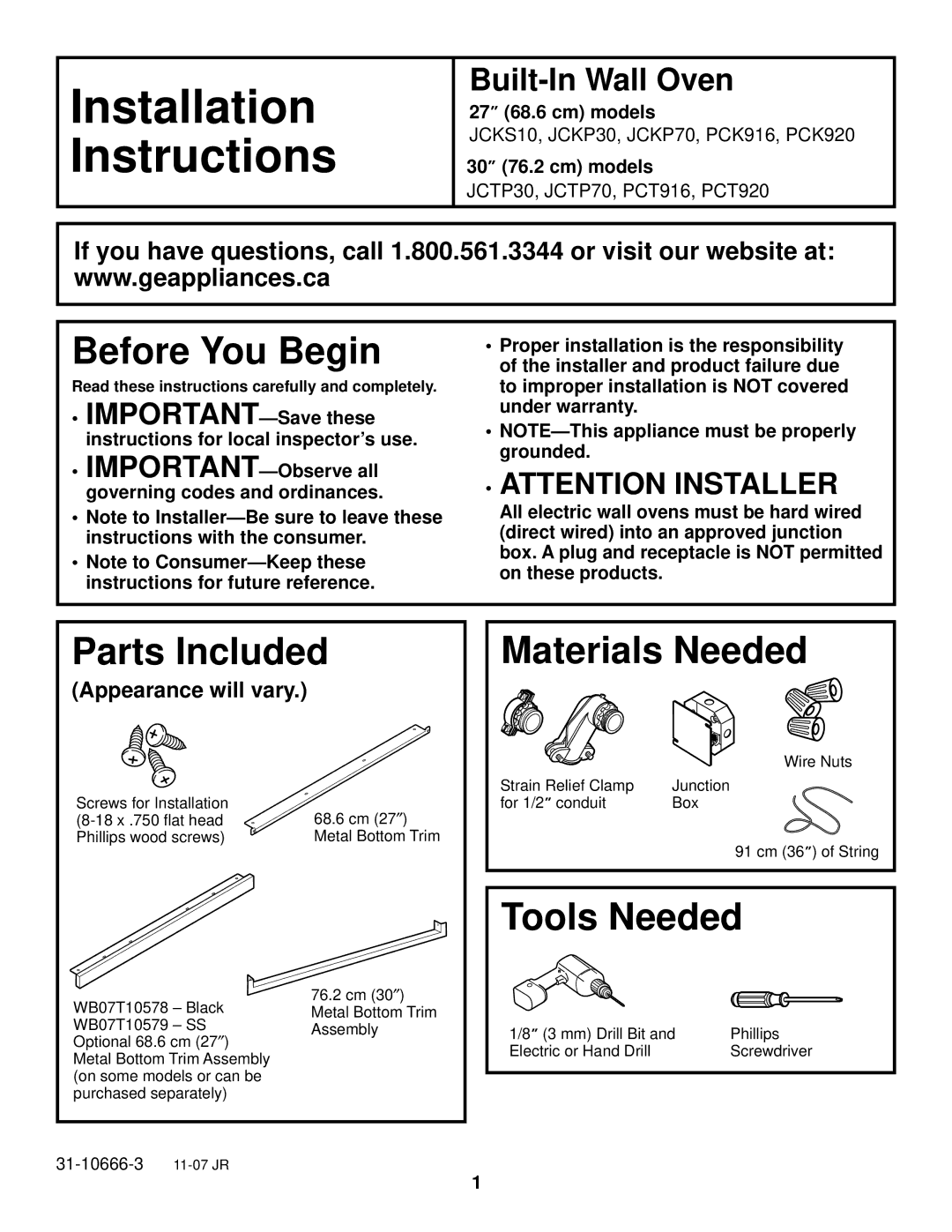 GE JCKS10, JCTP30, JCKP70, JCKP30 installation instructions Before You Begin, Parts Included, Materials Needed, Tools Needed 