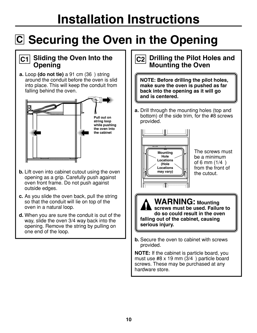 GE JCKS10, JCTP30, JCKP70, JCKP30, JCTP70, PCK920 Securing the Oven in the Opening, C1 Sliding the Oven Into the Opening 