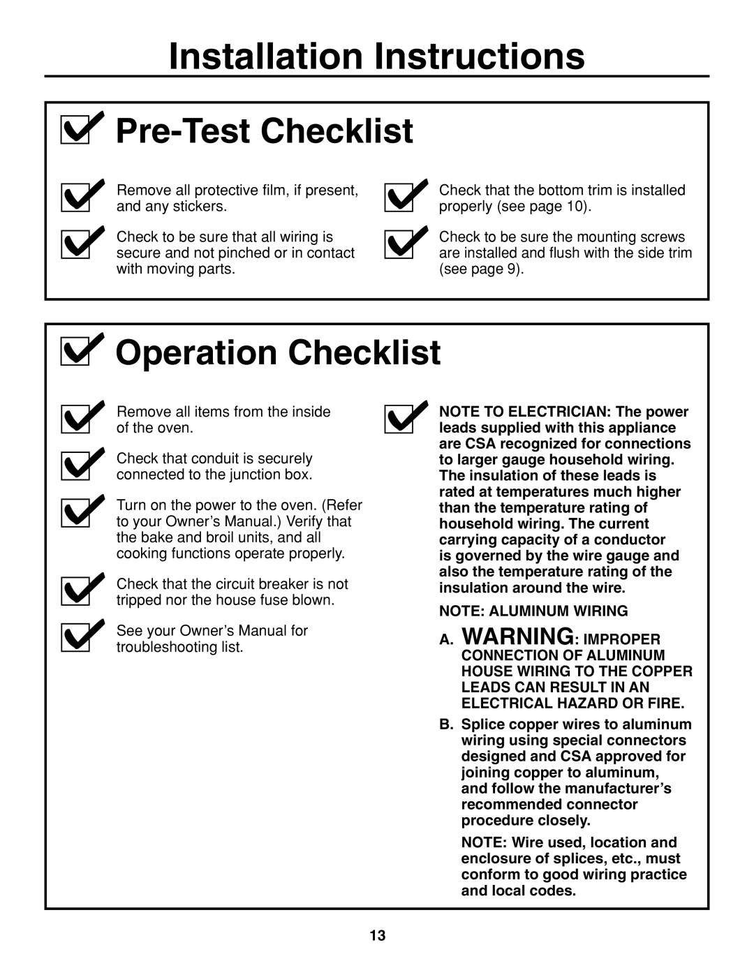 GE JCTP70, JCTP30, JCKS10, JCKP70, JCKP30, PCK920, PCK916, PCT916, PCT920 Operation Checklist, Pre-Test Checklist 