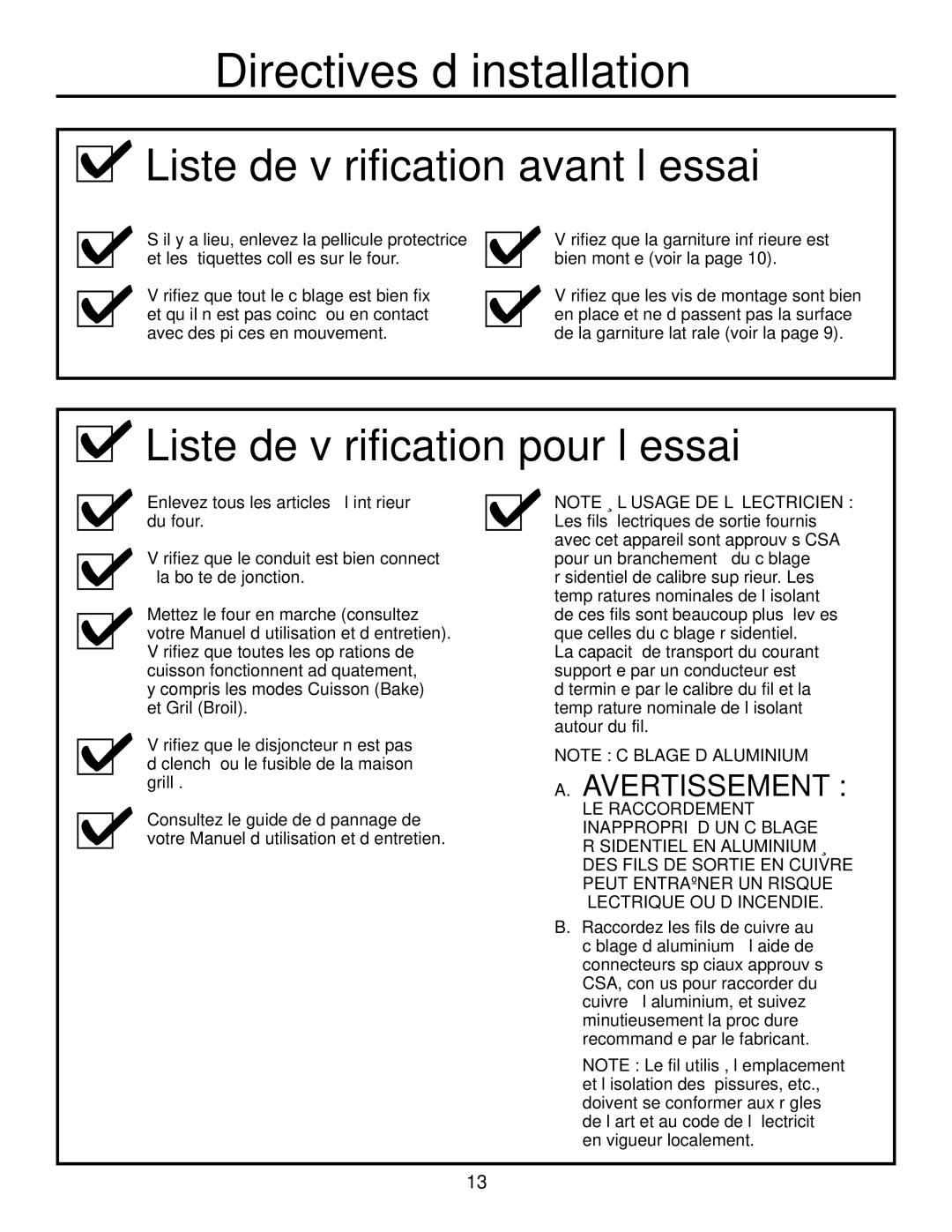 GE PCT916, JCTP30, JCKS10, JCKP70, JCKP30, JCTP70, PCK920 ’essai pour vérification de Liste, ’essai avant vérification de Liste 