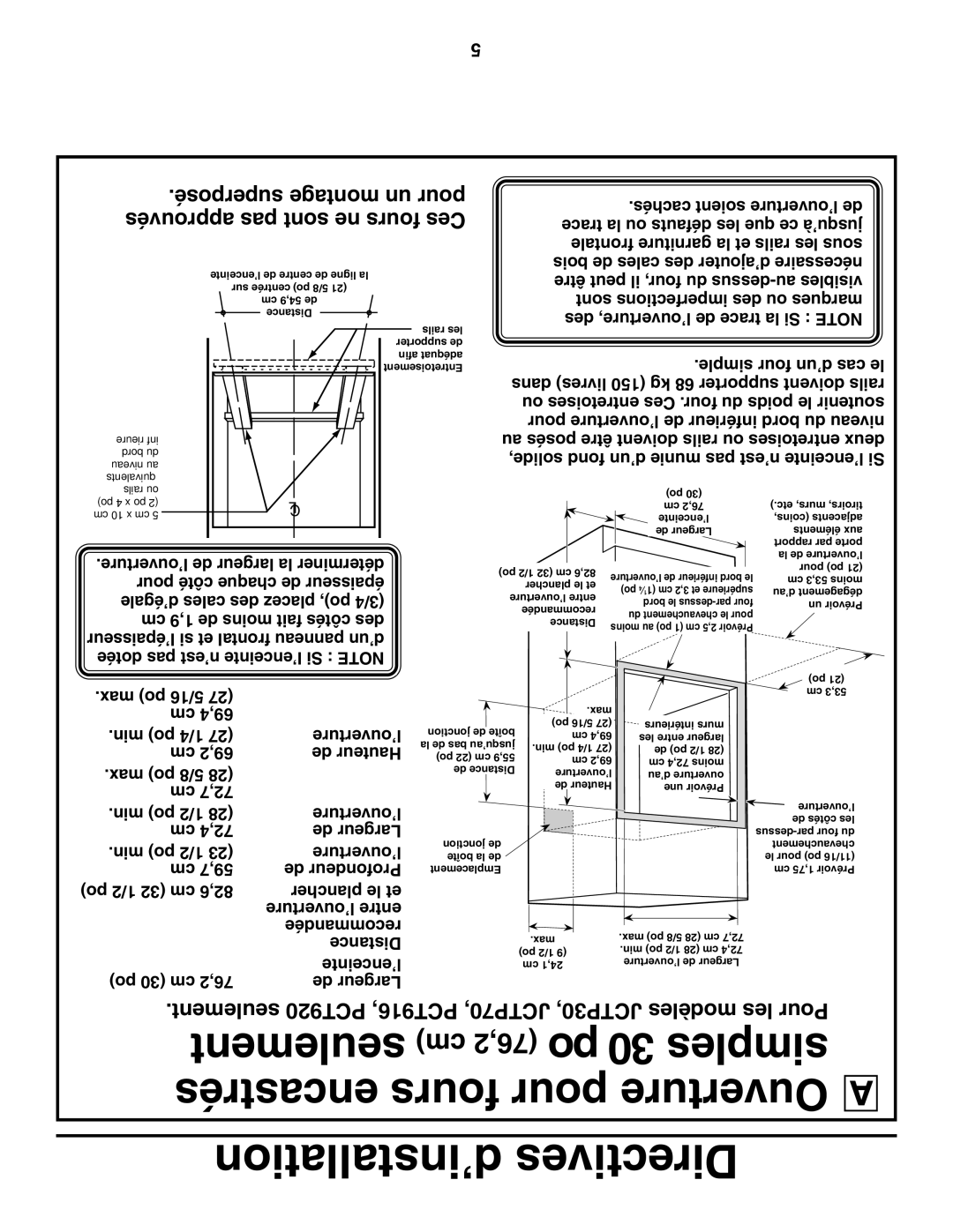 GE PCK916, JCTP30, JCKS10, JCKP70, JCKP30, JCTP70, PCK920, PCT916 Seulement, Po 30 simples, Encastrés fours pour Ouverture a 