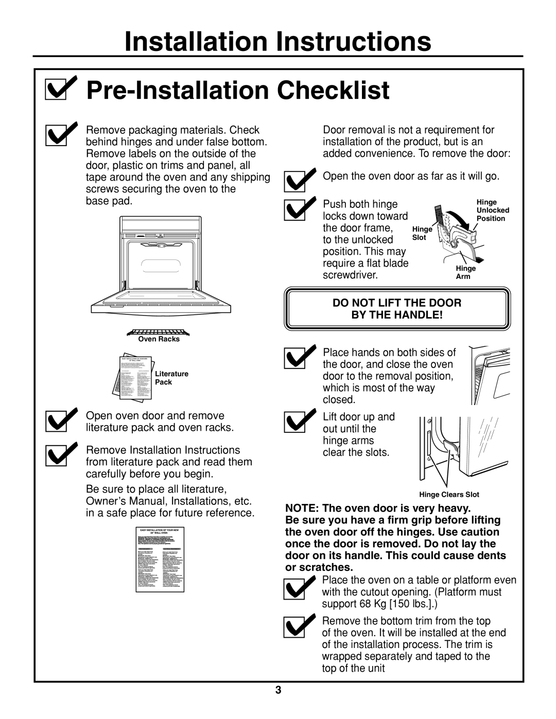 GE JCKP30, JCTP30, JCKS10, JCKP70, JCTP70, PCK920, PCK916, PCT916 Pre-Installation Checklist, Do not Lift the Door By the Handle 