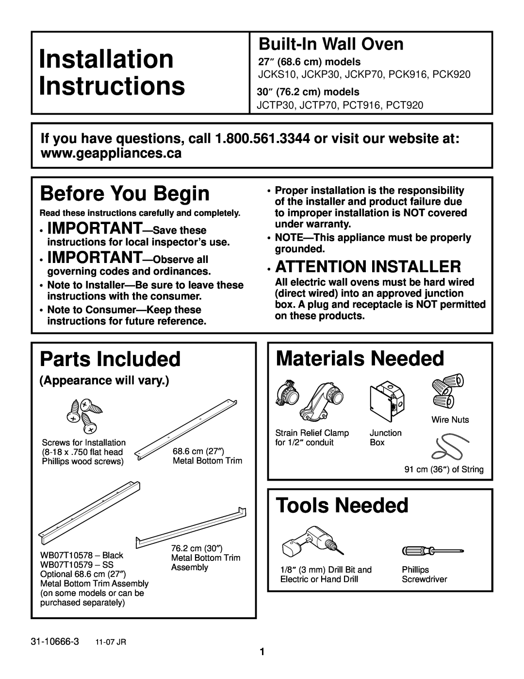 GE JCKS10, JCTP30 installation instructions Installation Instructions, Before You Begin, Parts Included, Materials Needed 