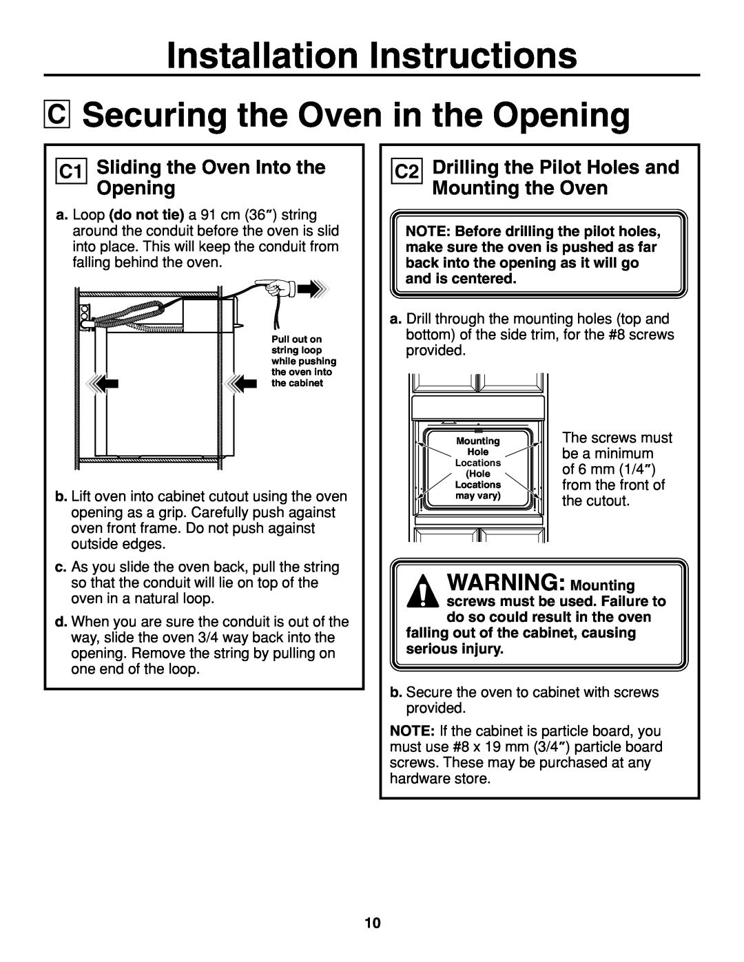 GE JCKS10, JCTP30, JCKP70, JCKP30 Securing the Oven in the Opening, WARNING Mounting, C1Sliding the Oven Into the Opening 