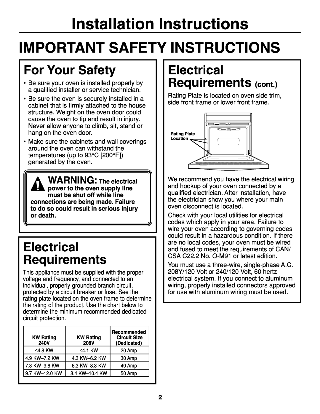 GE JCKP70 Important Safety Instructions, For Your Safety, Electrical Requirements cont, Installation Instructions 
