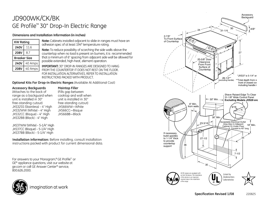 GE JD900BKBB installation instructions JD900WK/CK/BK, GE Profile 30 Drop-In Electric Range, Specification Revised 1/08 