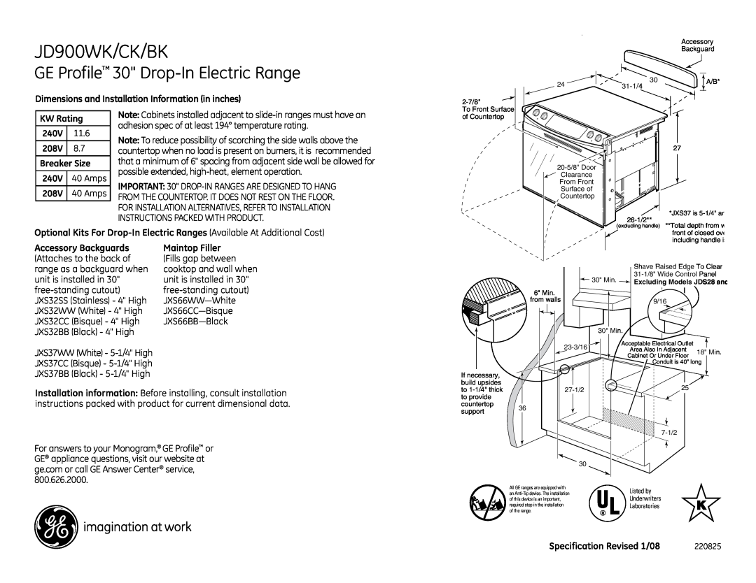 GE JD900BKBB installation instructions JD900WK/CK/BK, GE Profile 30 Drop-In Electric Range 