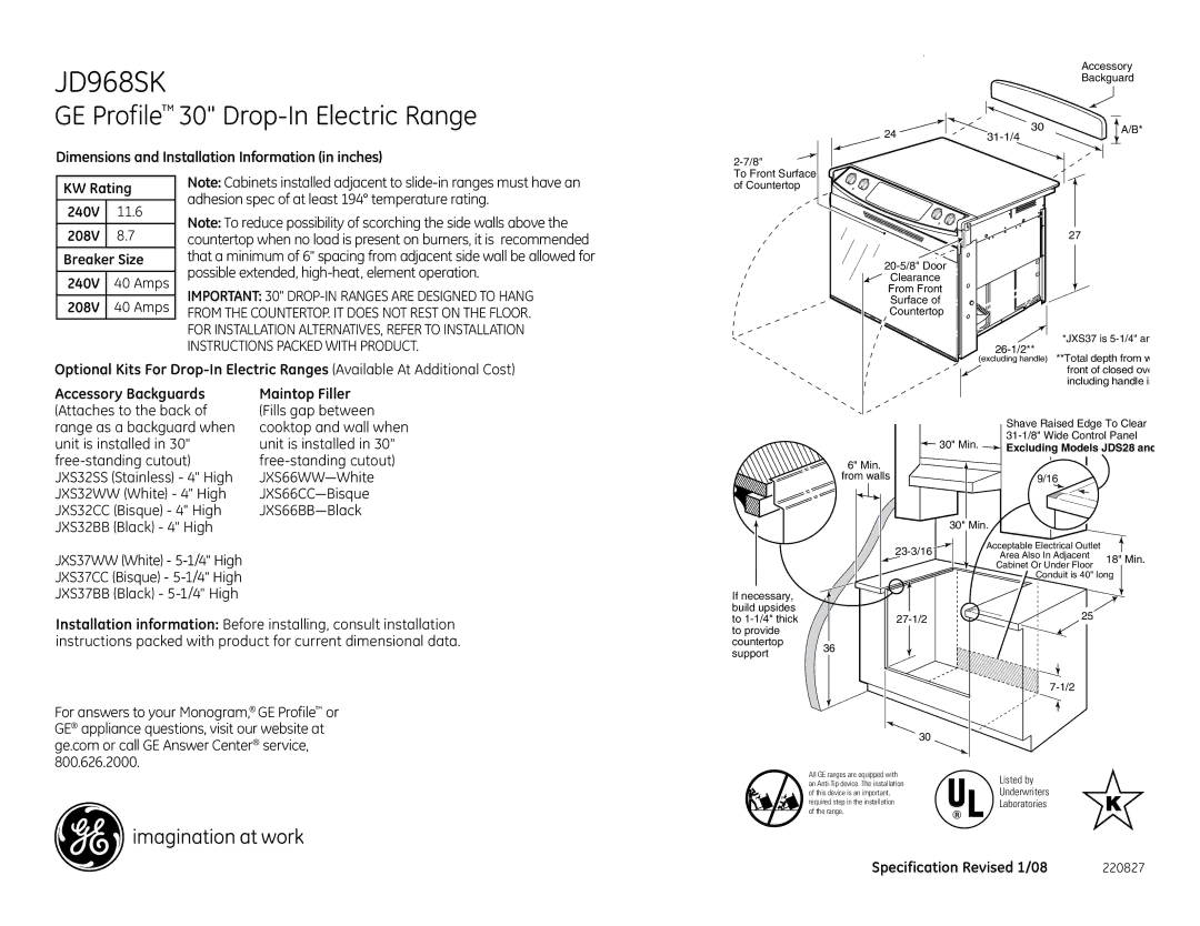 GE JD968SKSS installation instructions GE Profile 30 Drop-In Electric Range, KW Rating 240V 11.6 208V Breaker Size Amps 