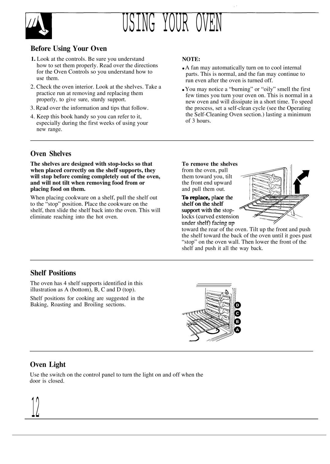 GE JDP36GP, JDP39WR, JDP37GP Before Using Your Oven, Oven Shelves, Shelf Positions, Oven Light, To replace, place 