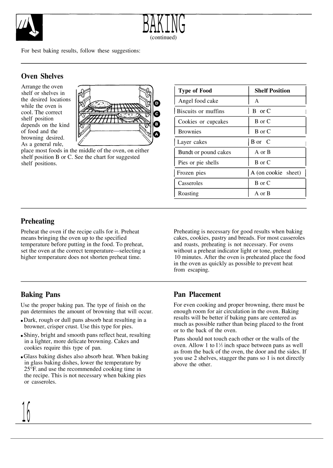 GE JDP39WR, JDP36GP, JDP37GP operating instructions Preheating, Baking Pans, Pan Placement, Type of Food Shelf Position 