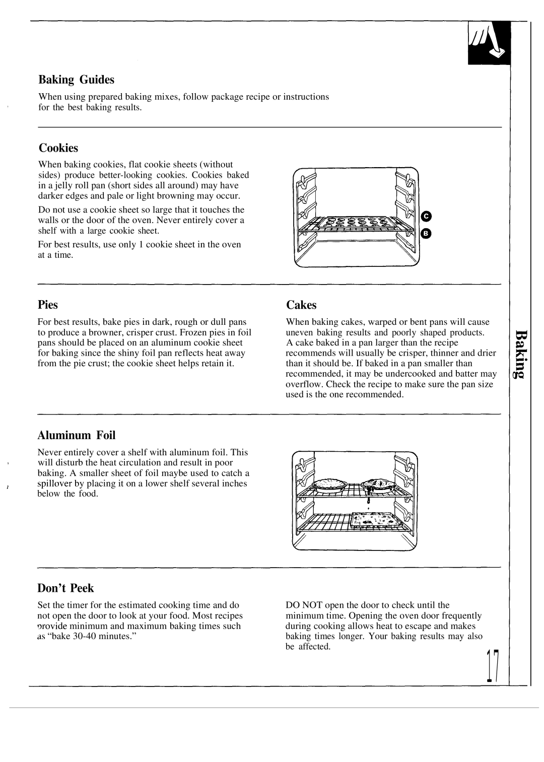 GE JDP37GP, JDP36GP, JDP39WR operating instructions Baking Guides, Cookies, Pies, Aluminum Foil, Cakes, Don’t Peek 