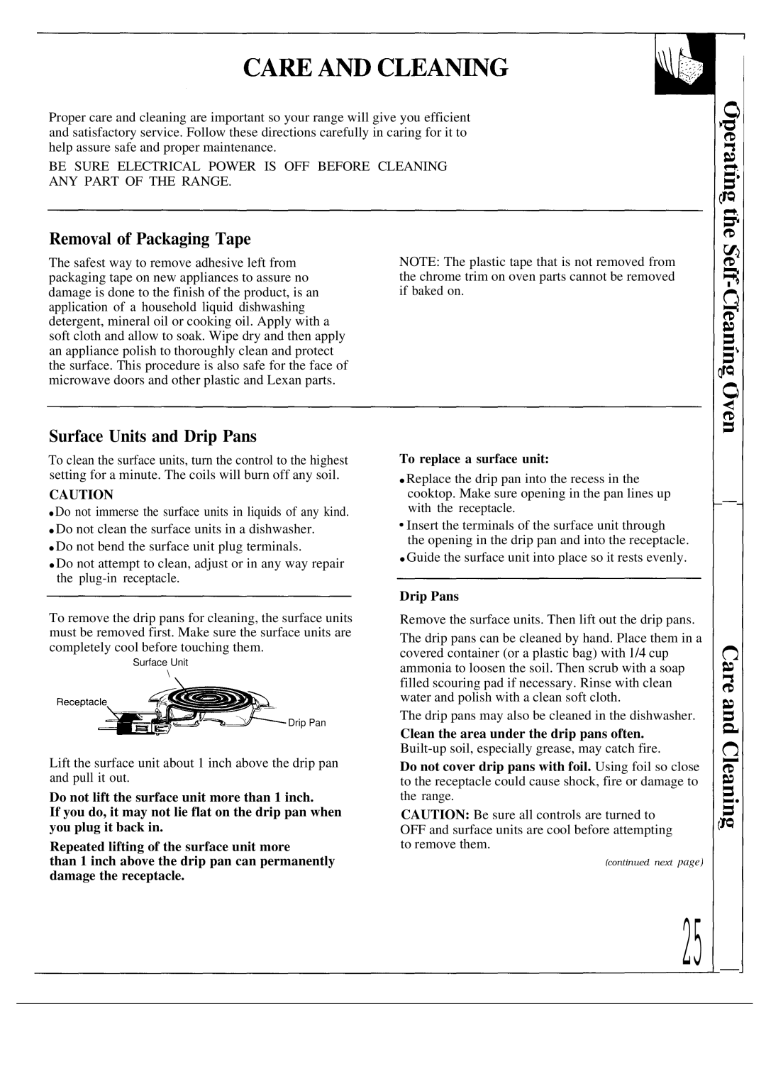 GE JDP39WR, JDP36GP, JDP37GP operating instructions Removal of Packaging Tape, Surface Units and Drip Pans 