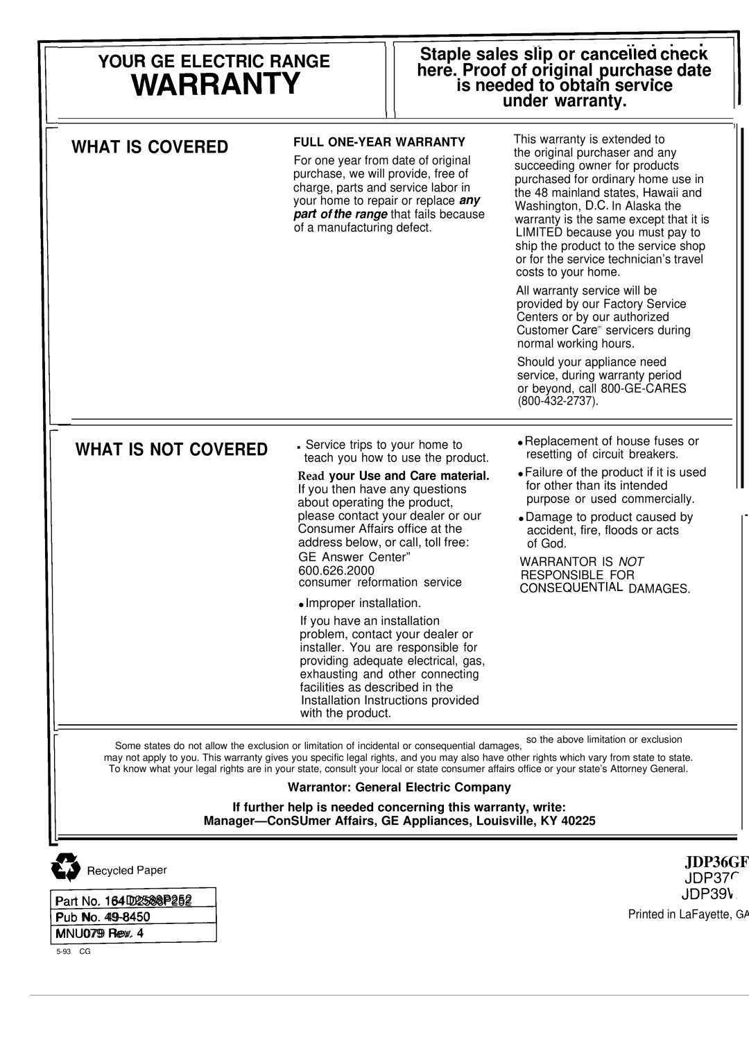 GE JDP37GP, JDP36GP, JDP39WR operating instructions Warranty 