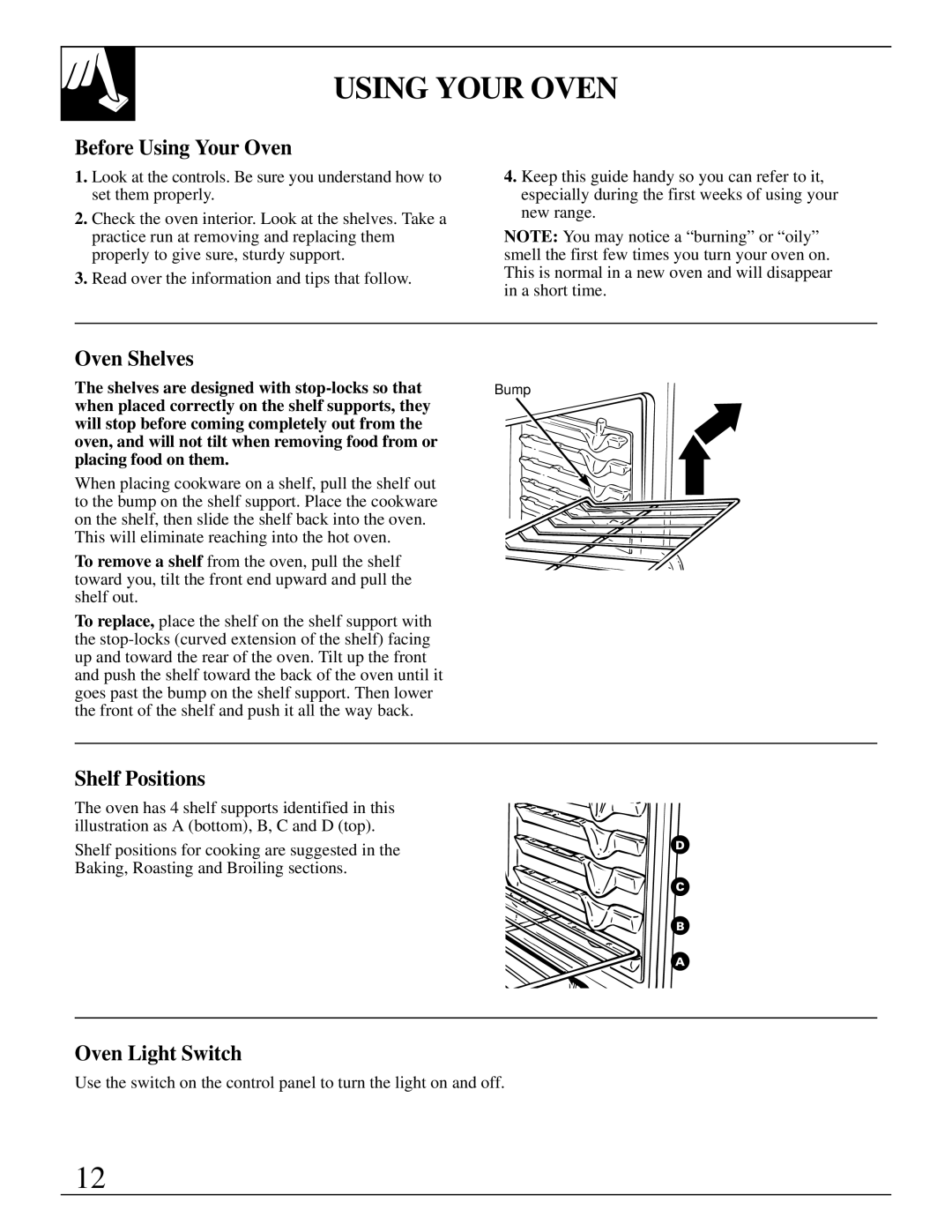 GE JDP37, JDP36 manual Before Using Your Oven, Oven Shelves, Shelf Positions, Oven Light Switch 