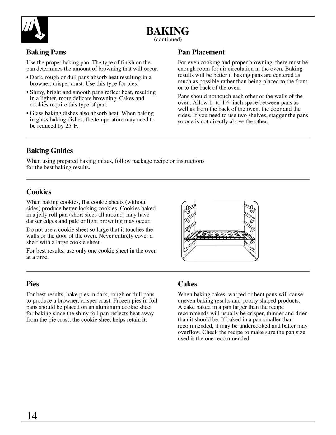 GE JDP37, JDP36 manual Baking Pans, Pan Placement, Baking Guides, Cookies, Pies, Cakes 