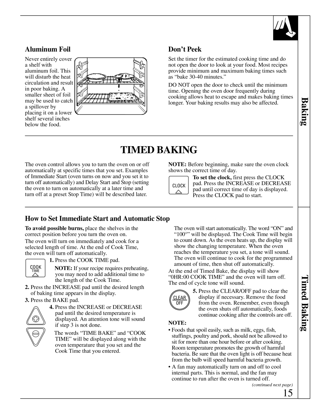 GE JDP36, JDP37 manual Timed Baking, Aluminum Foil, Don’t Peek, How to Set Immediate Start and Automatic Stop 