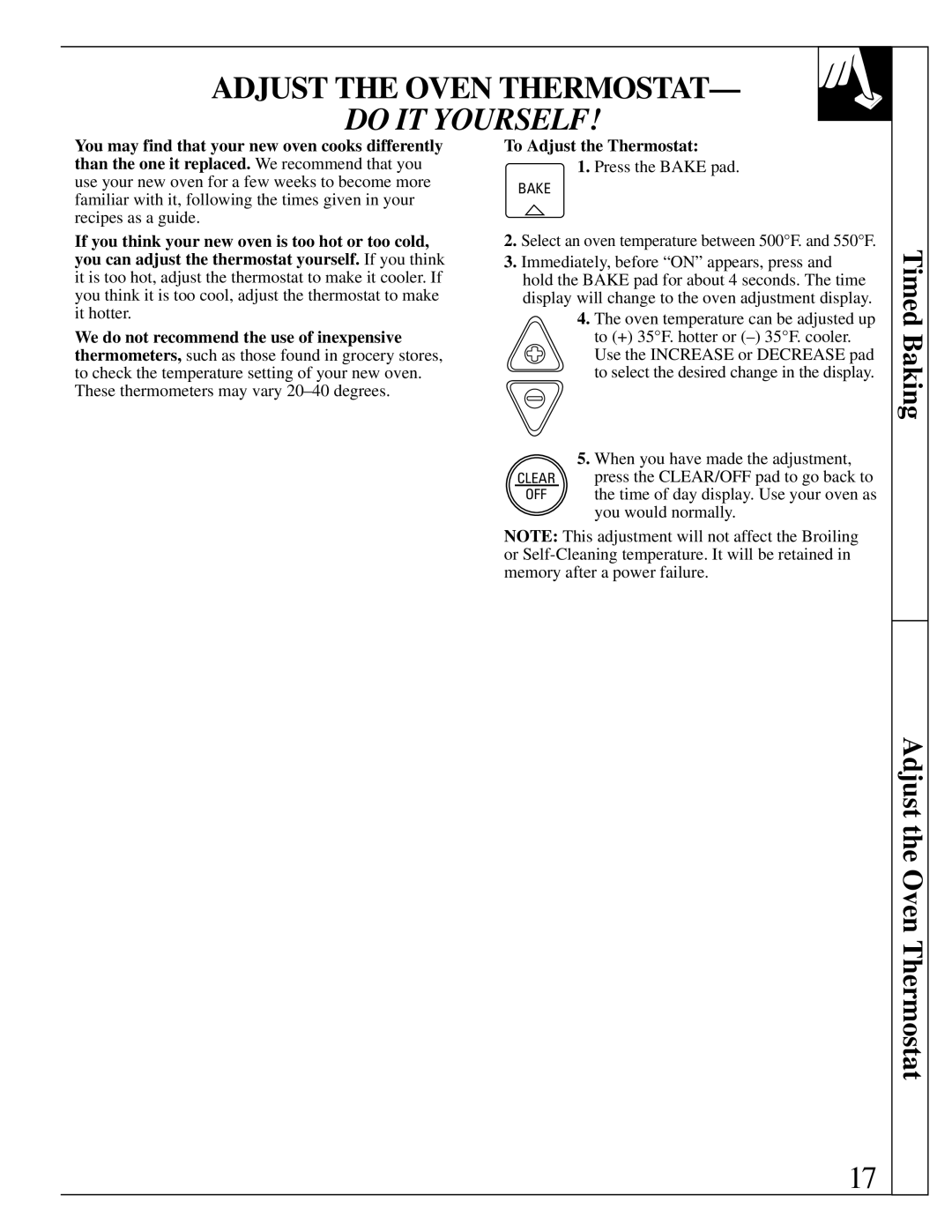 GE JDP36, JDP37 manual Timed Baking Adjust the Oven Thermostat 