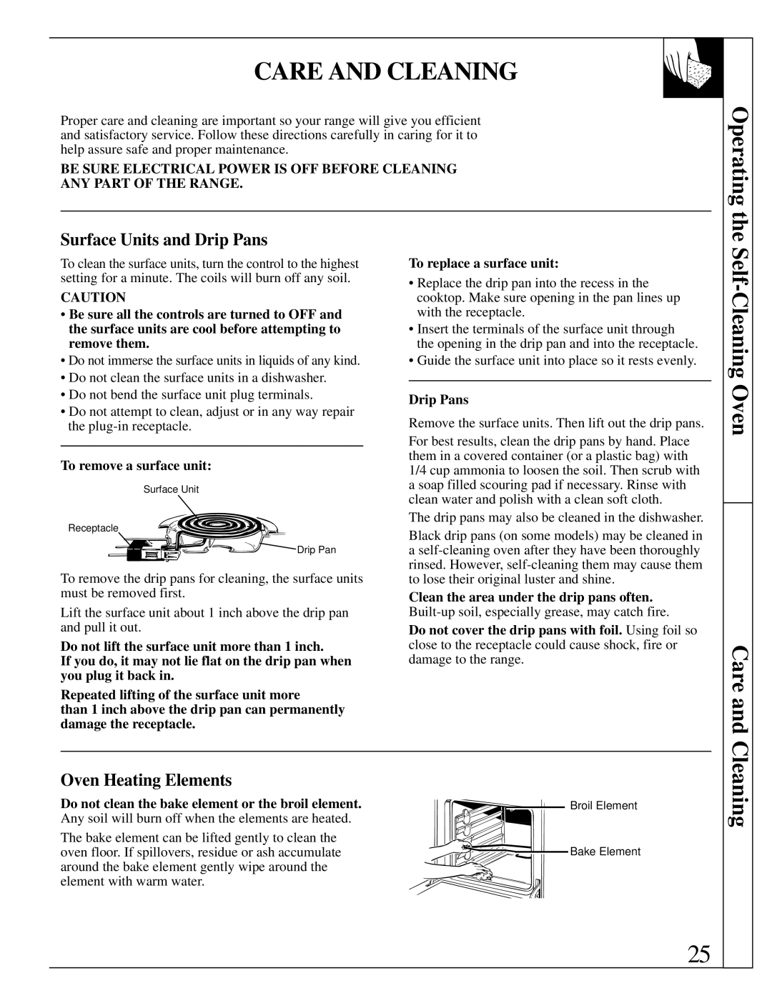GE JDP36, JDP37 manual Care and Cleaning, Self-Cleaning Oven Care, Surface Units and Drip Pans, Oven Heating Elements 
