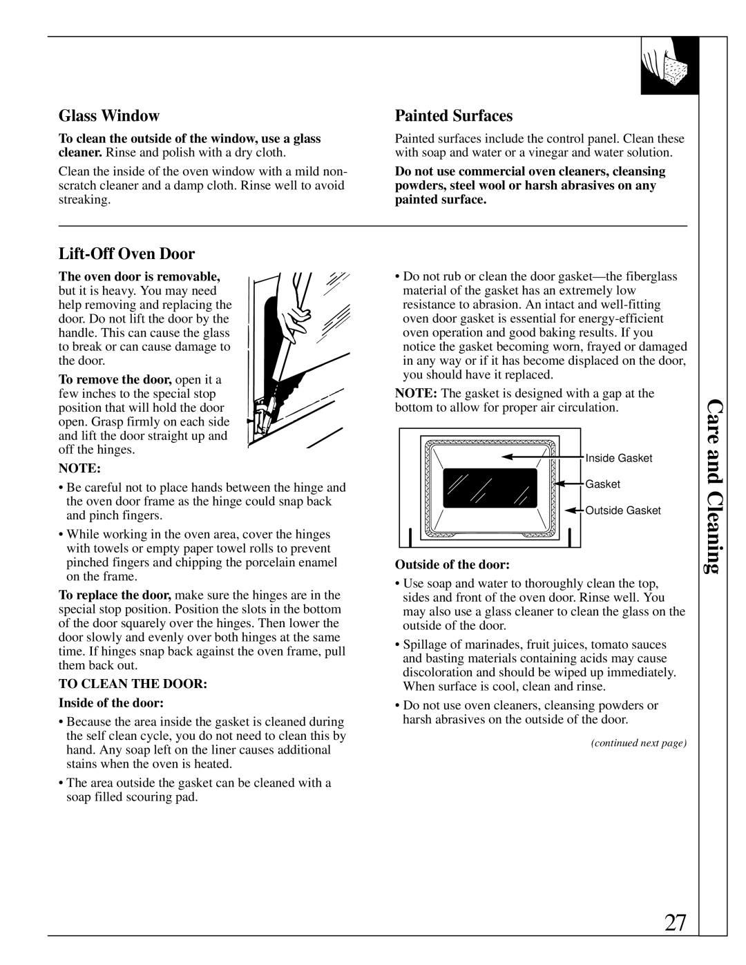 GE JDP36, JDP37 manual Care and Cleaning, Glass Window, Painted Surfaces, Lift-Off Oven Door 