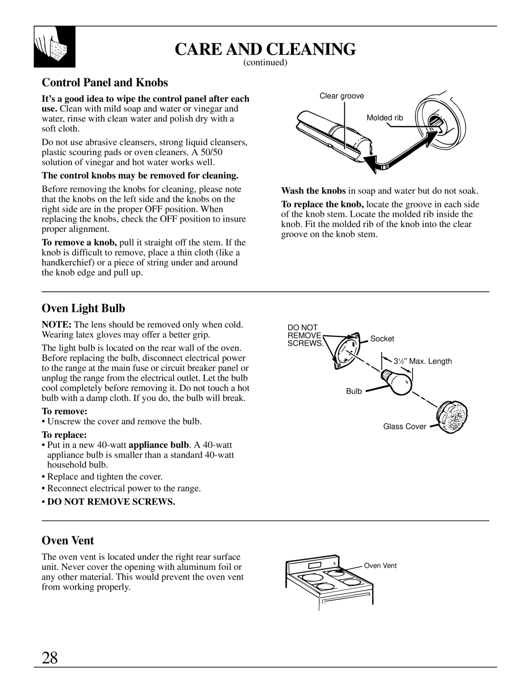 GE JDP37, JDP36 manual Control Panel and Knobs, Oven Light Bulb, Oven Vent 