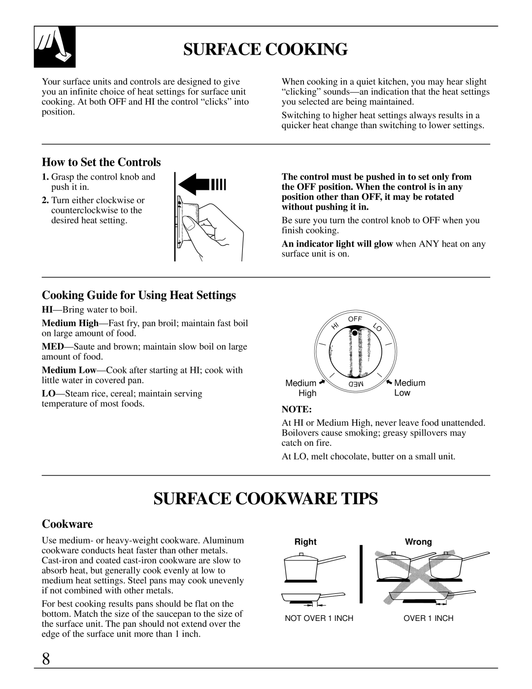 GE JDP37, JDP36 Surface Cooking, Surface Cookware Tips, How to Set the Controls, Cooking Guide for Using Heat Settings 