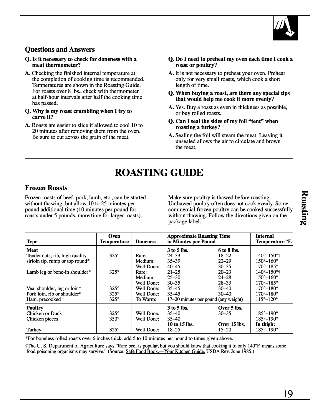 GE JDP36, JDP37 manual Roasting Guide, Questions and Answers, Frozen Roasts 
