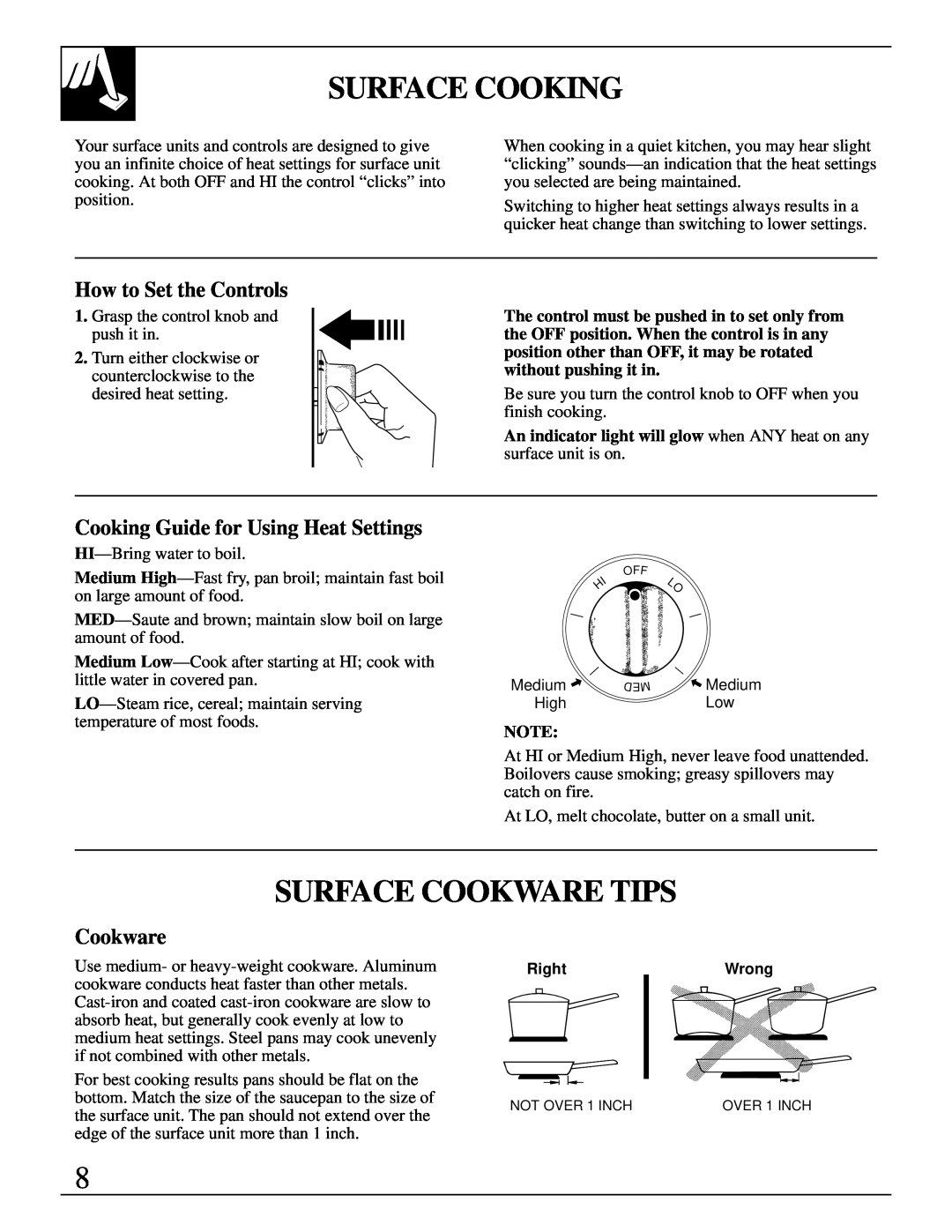 GE JDP37, JDP36 Surface Cooking, Surface Cookware Tips, How to Set the Controls, Cooking Guide for Using Heat Settings 