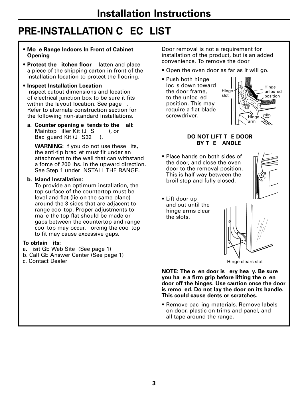 GE JDP39, JDS28, 131-10595-2 1-07 JR installation instructions PRE-INSTALLATION Checklist, Inspect Installation Location 