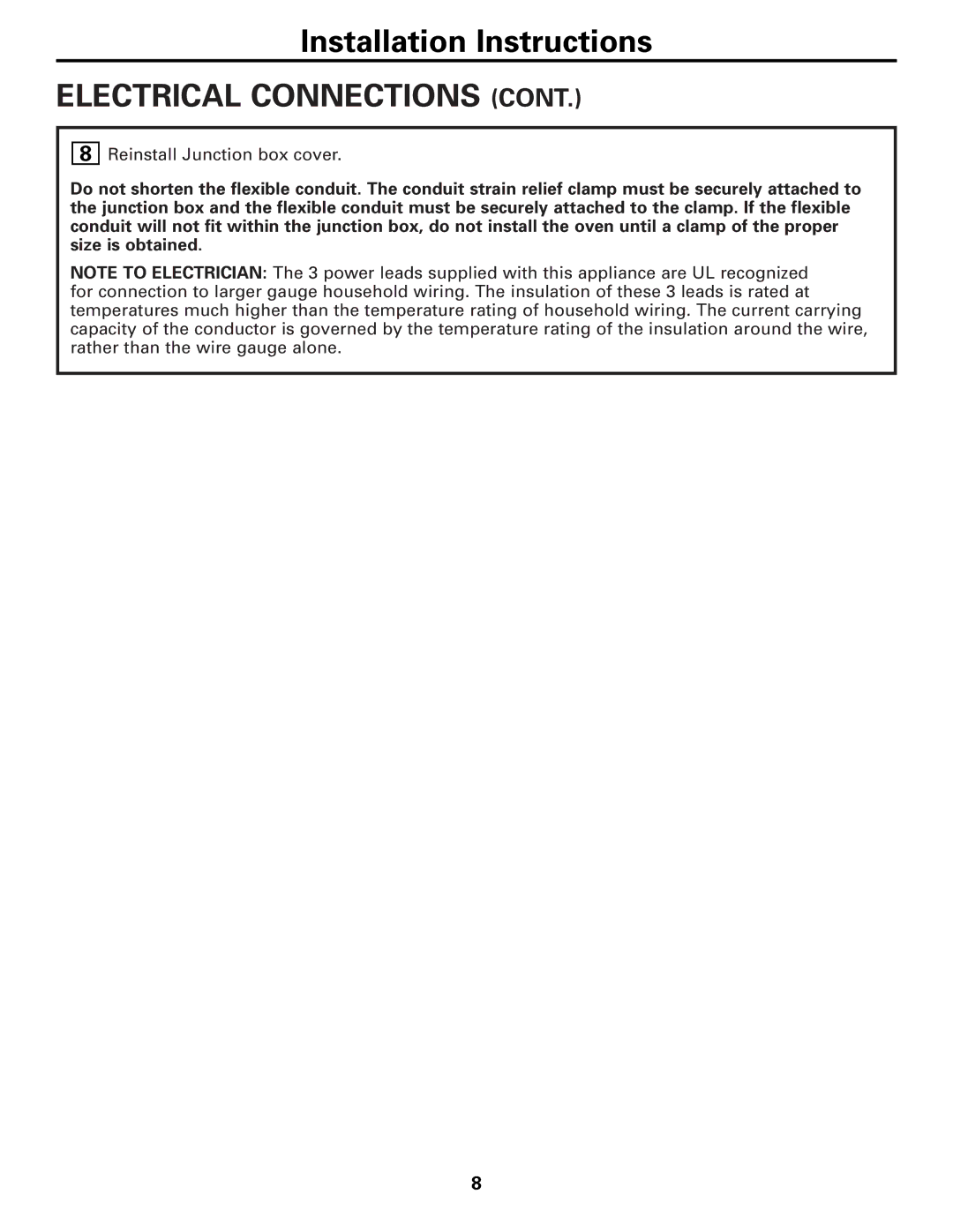 GE 131-10595-2 1-07 JR, JDP39, JDS28 installation instructions Reinstall Junction box cover 