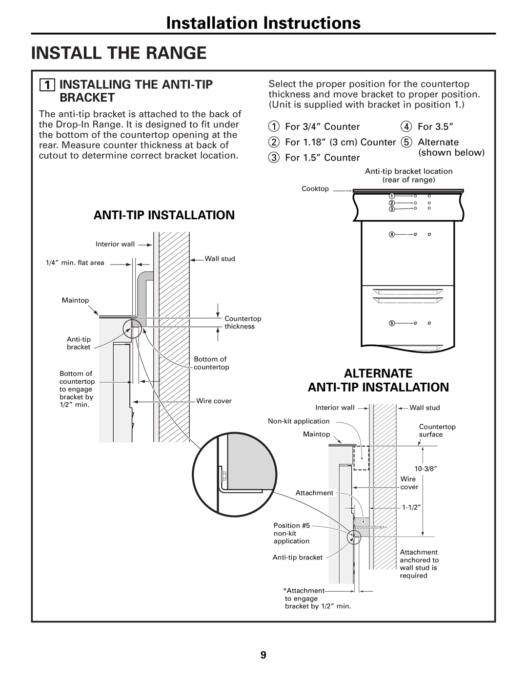 GE JDP39, JDS28 Install the Range, Installing the ANTI-TIP Bracket, Alternate ANTI-TIP Installation 