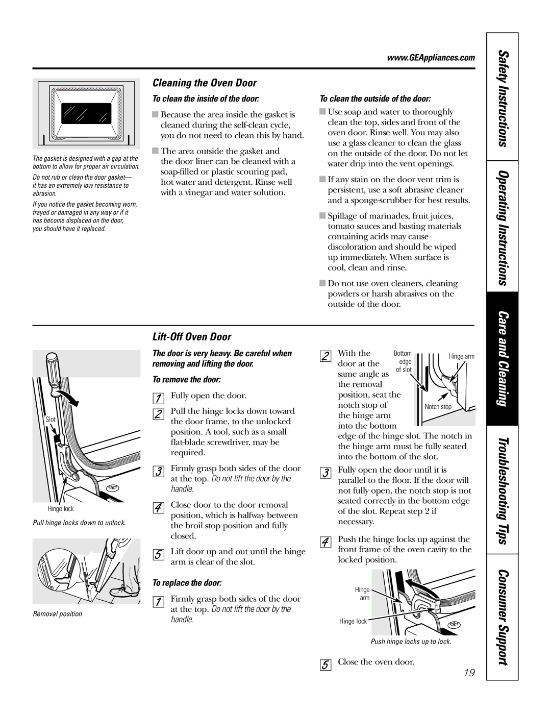 GE JDP39 Cleaning Troubleshooting Tips Consumer, Instructions Operating Instructions Care, Cleaning the Oven Door 