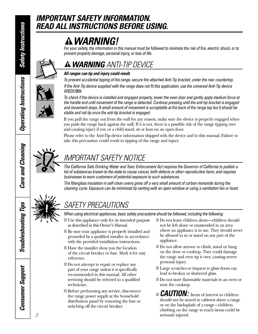 GE JDP39 owner manual Consumer Support Troubleshooting, All ranges can tip and injury could result 