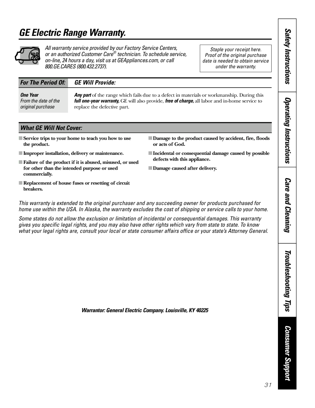 GE JDP39 GE Electric Range Warranty, Cleaning Troubleshooting Tips Consumer Support, Instructions Care, GE Will Provide 