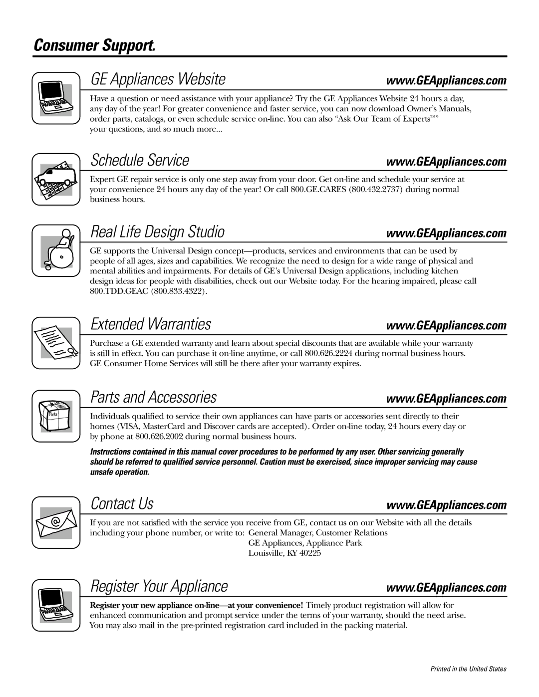 GE JDP39 Consumer Support GE Appliances Website, Schedule Service, Real Life Design Studio, Extended Warranties 