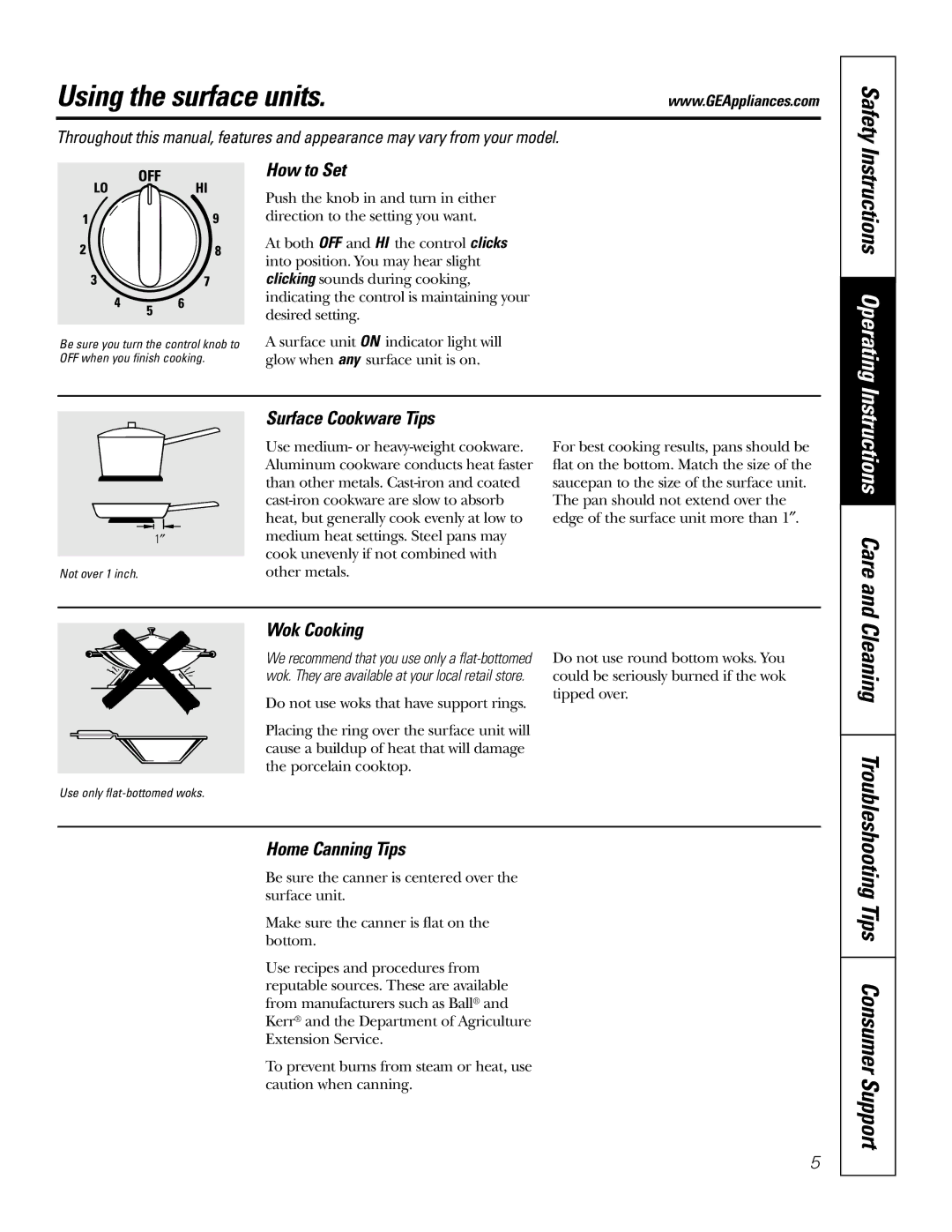 GE JDP39 owner manual Using the surface units, Safety, Tips Consumer Support 