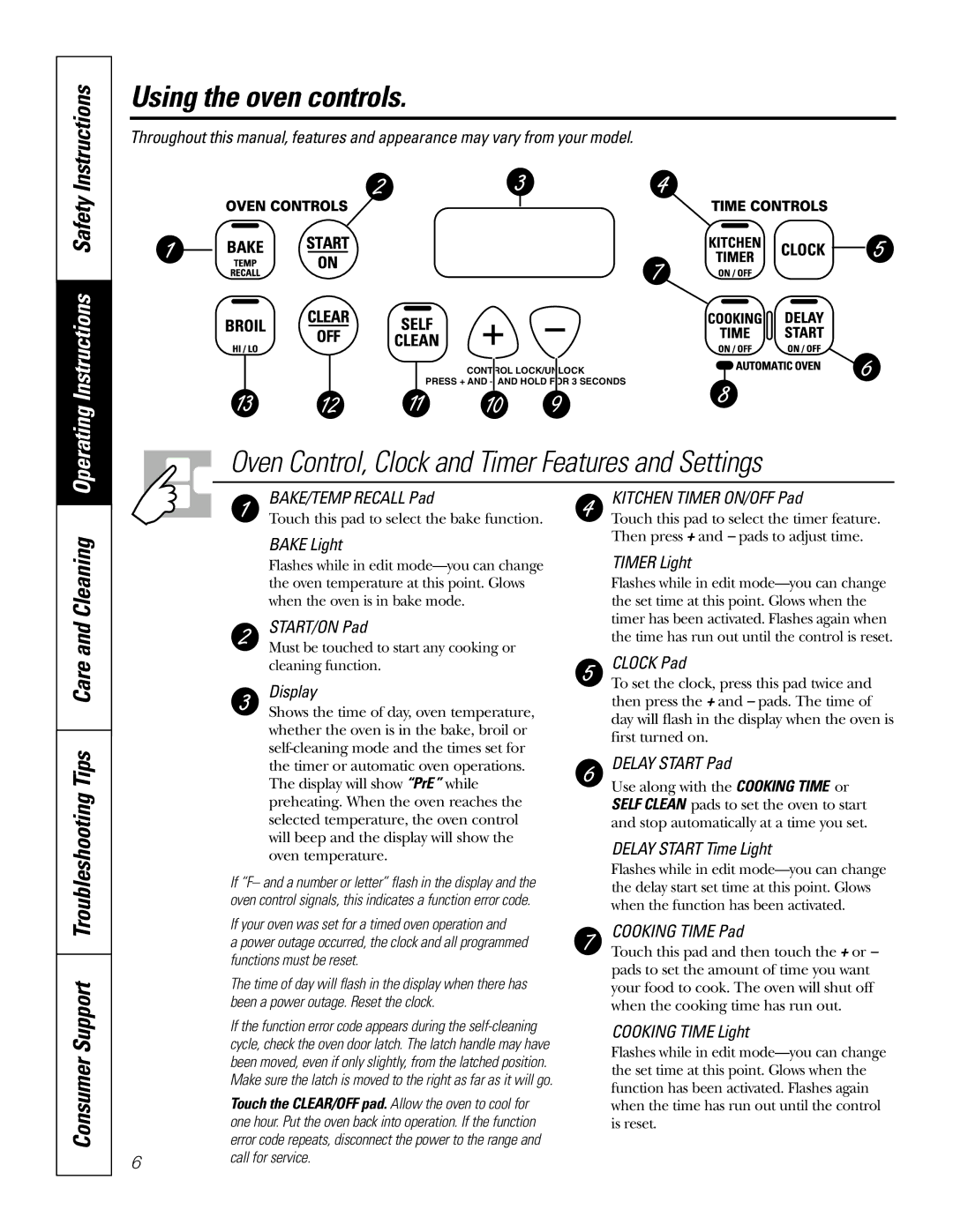 GE JDP39 Using the oven controls, Consumer Support Troubleshooting Tips Care and Cleaning, Functions must be reset 