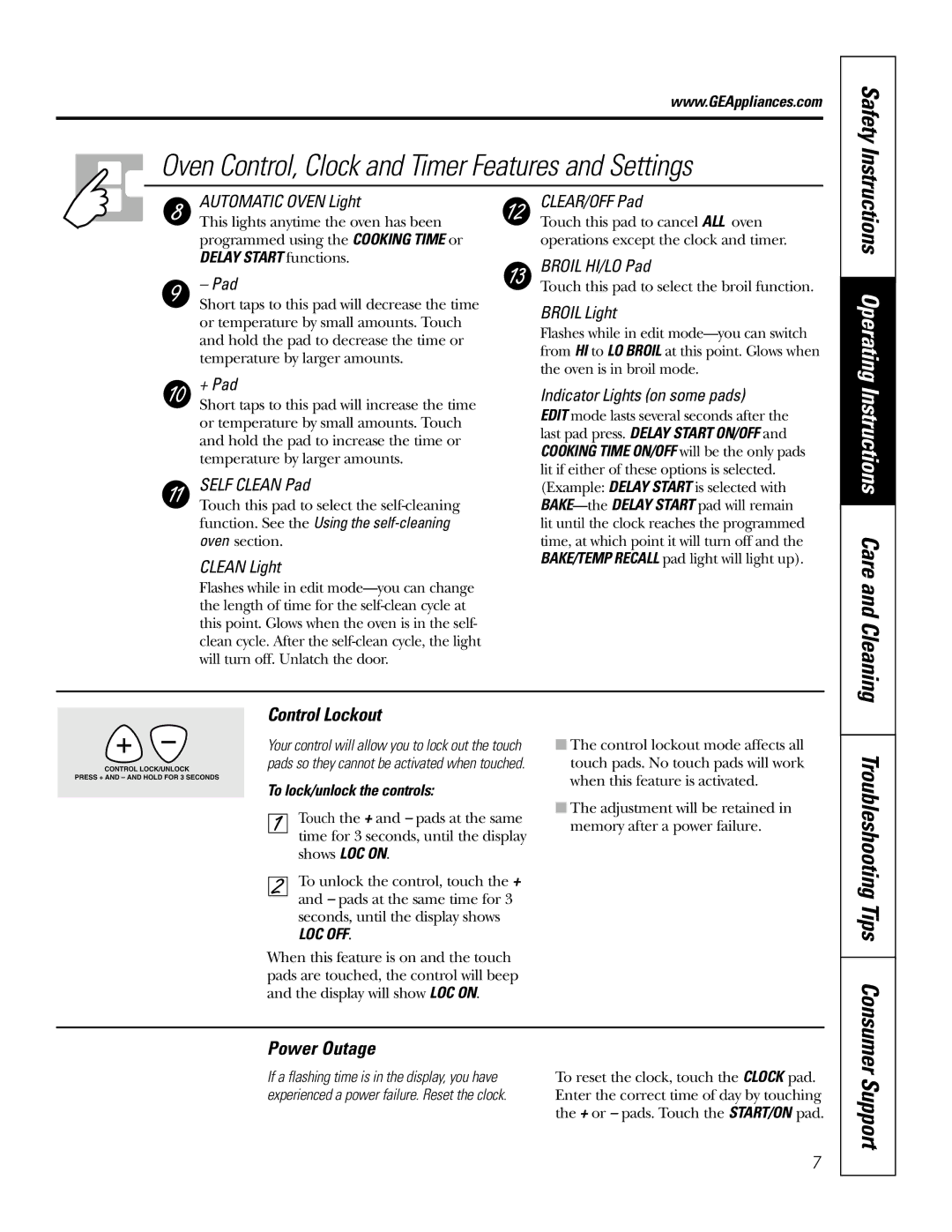 GE JDP39 owner manual Instructions Care and Cleaning, Control Lockout, Troubleshooting Tips Consumer Power Outage 