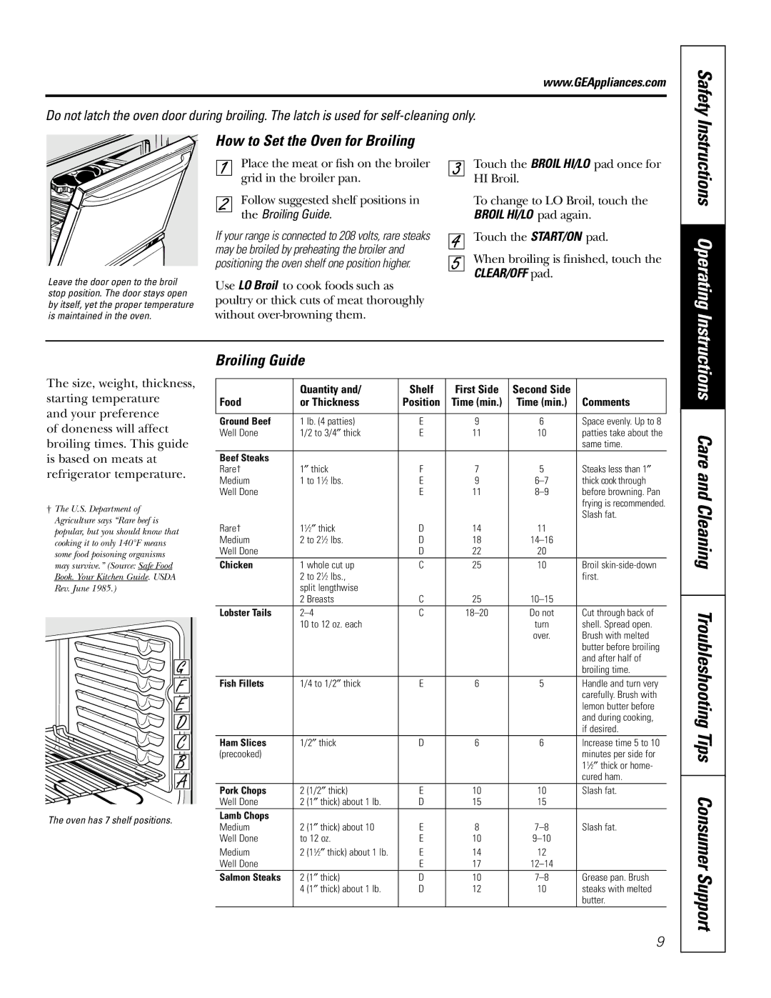 GE JDP39 owner manual Instructions Operating, How to Set the Oven for Broiling, Broiling Guide 