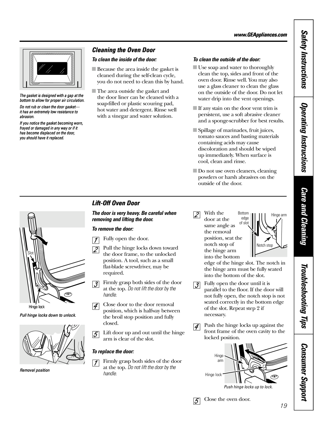 GE JDP39 Cleaning Troubleshooting Tips Consumer, Instructions Operating Instructions Care, Cleaning the Oven Door, Support 
