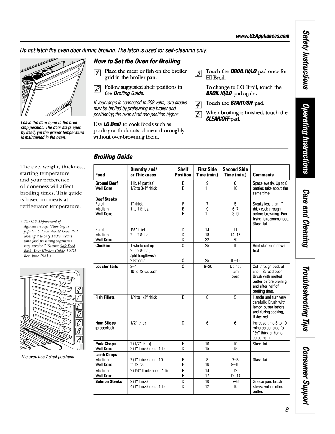 GE JDP39 owner manual Instructions Operating, How to Set the Oven for Broiling, Safety, the Broiling Guide 
