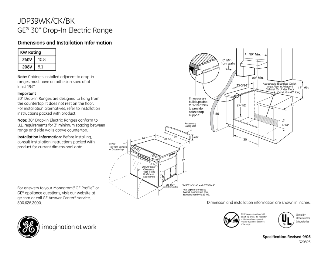 GE JDP39BKBB dimensions JDP39WK/CK/BK, GE 30 Drop-In Electric Range, Dimensions and Installation Information, 208V 