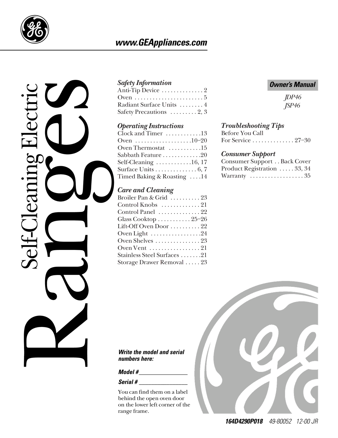 GE JDP46WDWW owner manual RangesSelf-Cleaning Electric, Write the model and serial numbers here Model # Serial # 