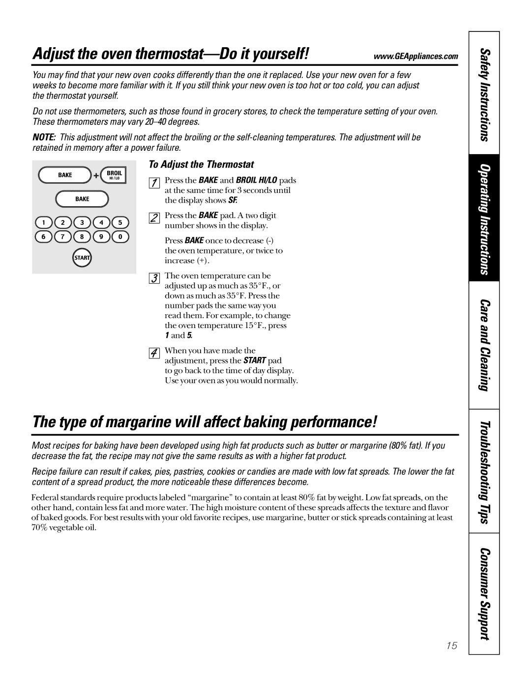 GE JDP46WDWW owner manual Adjust the oven thermostat-Do it yourself, Type of margarine will affect baking performance 